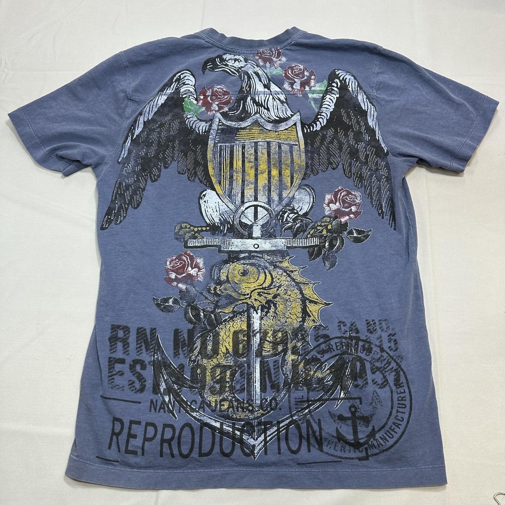 Nautical Shirt Mens L Blue Anchor Eagle Affliction Style Casual Y2K Sailing
